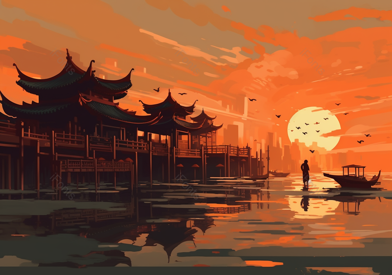 城市码头渔船塔阁楼楼阁故宫殿堂天坛中国风国潮插画,插画/手绘图,插画/手绘图库,插画/手绘图下载,插画/手绘